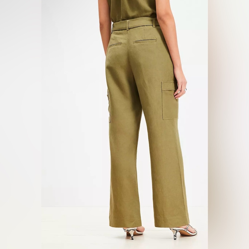 Loft Belted Drapey Cargo Linen Blend Pants Olive Green Womens Size 10 Workwear - Picture 4 of 14